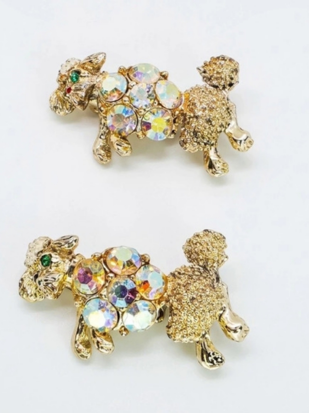 Vintage 50s Gold Tone Poodle Pins Set 2 Aurora Borealis Rhinestone Dog Brooch